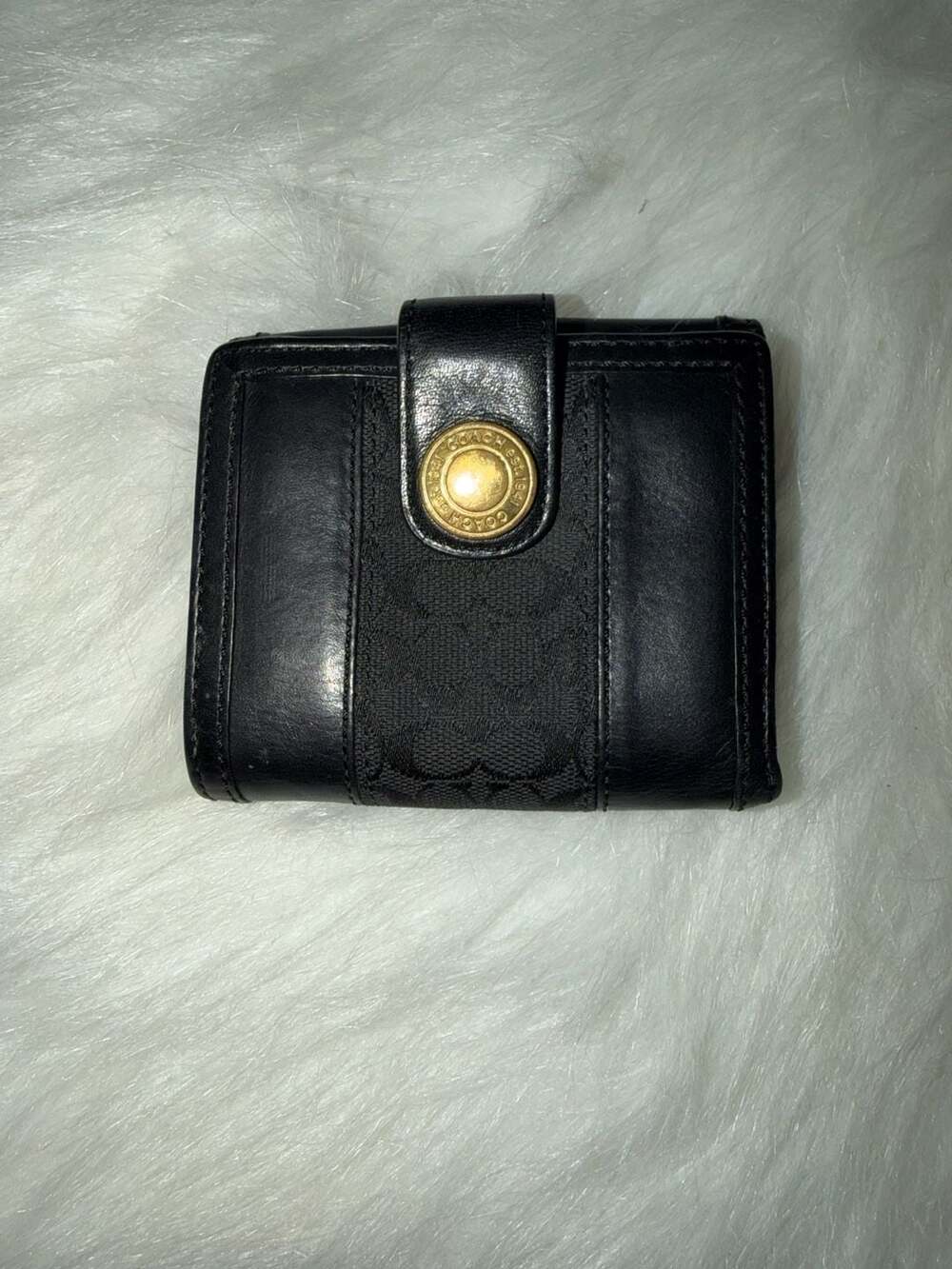 Coach Signature Jacquard Monogram and Black Leather Bifold Wallet